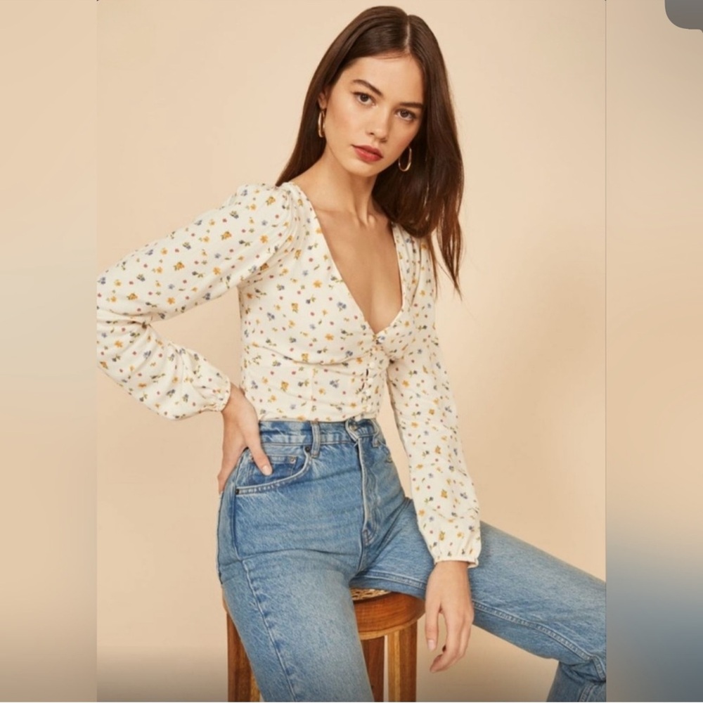 Reformation Floral White Blouse